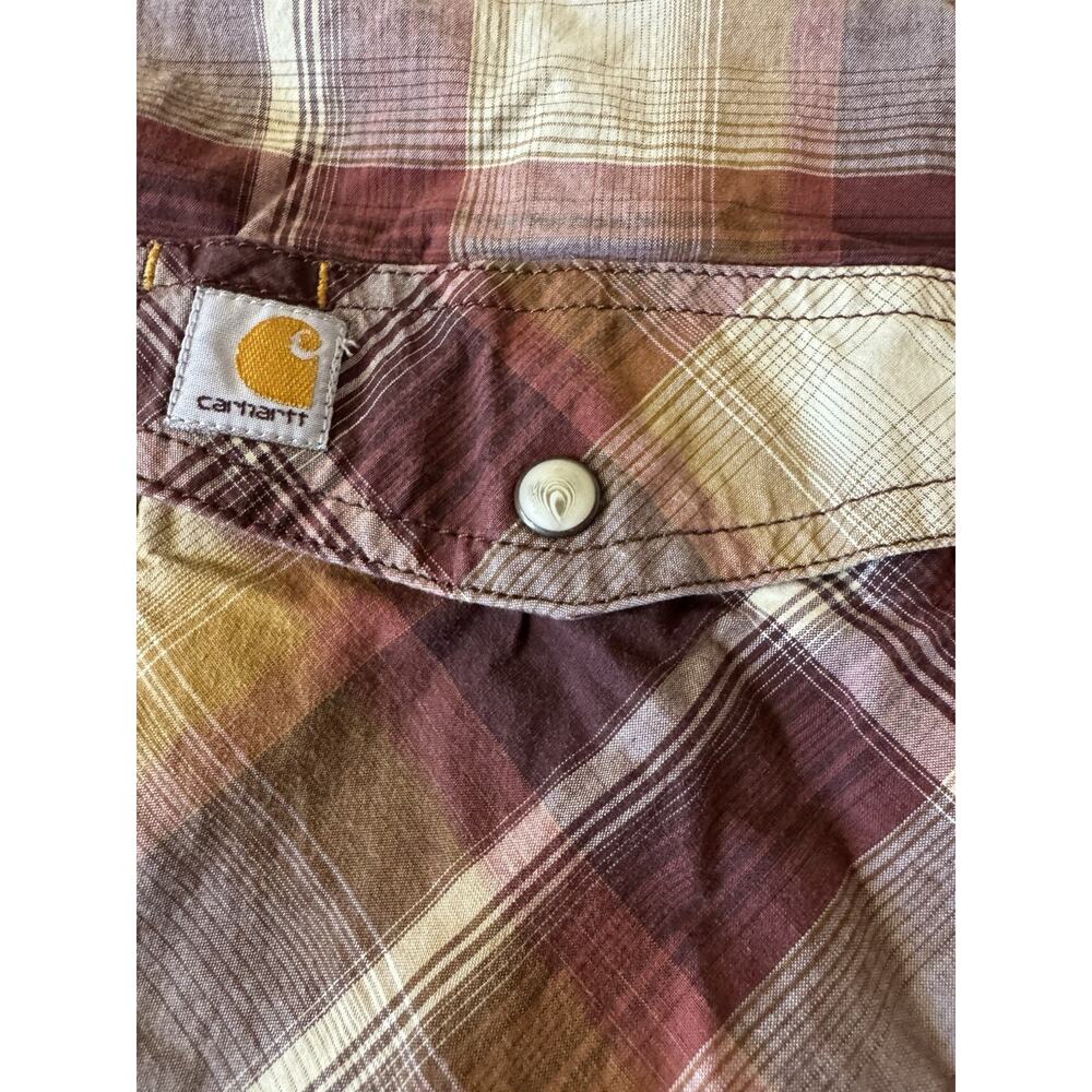 XL Carhartt Long Sleeve Snap Button Up Shirt Plaid Brown Western Work - Picture 8 of 9